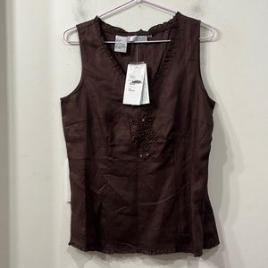 Alice Blue Linen Chocolate Brown SleevelessTop Side Zipper Embroidered Beads S